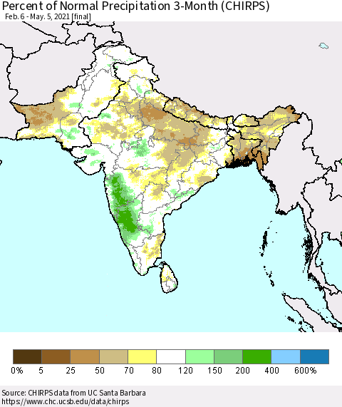 Southern Asia Percent of Normal Precipitation 3-Month (CHIRPS) Thematic Map For 2/6/2021 - 5/5/2021