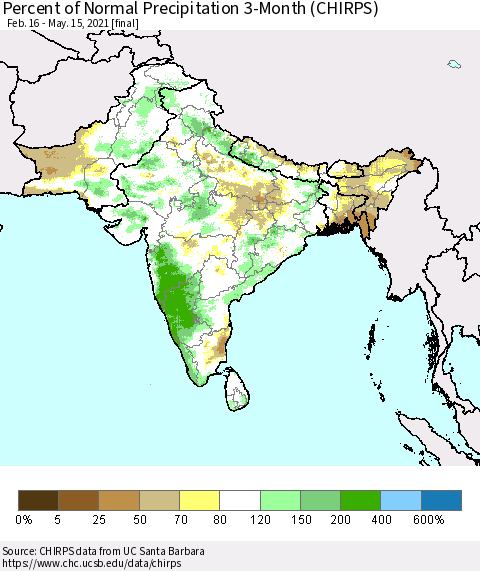 Southern Asia Percent of Normal Precipitation 3-Month (CHIRPS) Thematic Map For 2/16/2021 - 5/15/2021