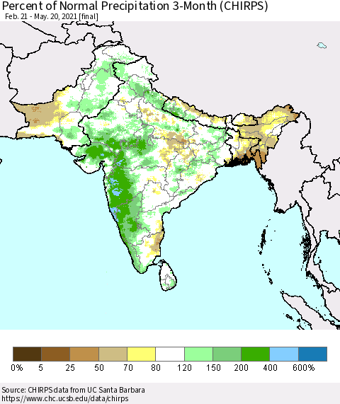Southern Asia Percent of Normal Precipitation 3-Month (CHIRPS) Thematic Map For 2/21/2021 - 5/20/2021