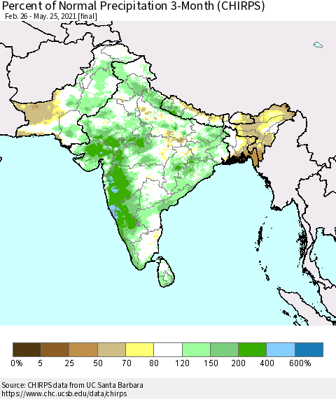 Southern Asia Percent of Normal Precipitation 3-Month (CHIRPS) Thematic Map For 2/26/2021 - 5/25/2021