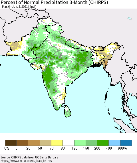 Southern Asia Percent of Normal Precipitation 3-Month (CHIRPS) Thematic Map For 3/6/2021 - 6/5/2021