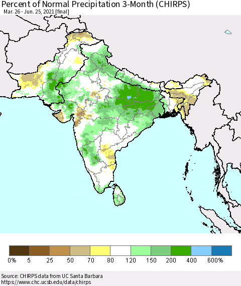 Southern Asia Percent of Normal Precipitation 3-Month (CHIRPS) Thematic Map For 3/26/2021 - 6/25/2021
