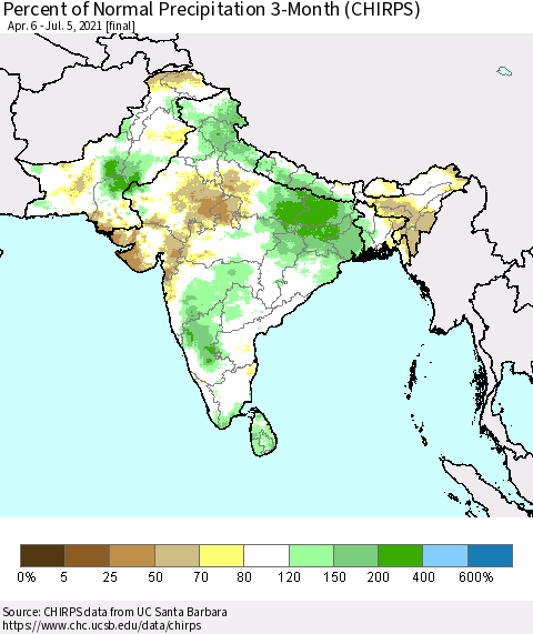 Southern Asia Percent of Normal Precipitation 3-Month (CHIRPS) Thematic Map For 4/6/2021 - 7/5/2021