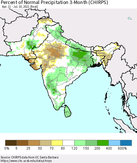 Southern Asia Percent of Normal Precipitation 3-Month (CHIRPS) Thematic Map For 4/11/2021 - 7/10/2021