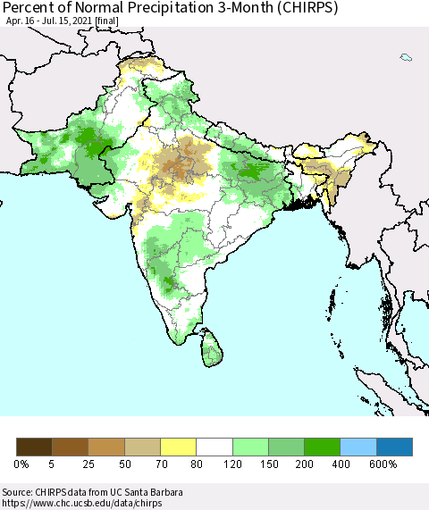 Southern Asia Percent of Normal Precipitation 3-Month (CHIRPS) Thematic Map For 4/16/2021 - 7/15/2021