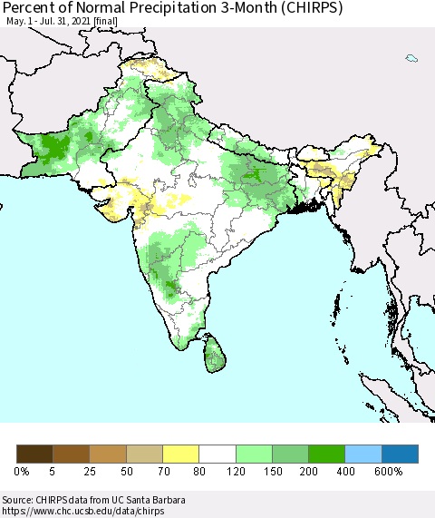 Southern Asia Percent of Normal Precipitation 3-Month (CHIRPS) Thematic Map For 5/1/2021 - 7/31/2021