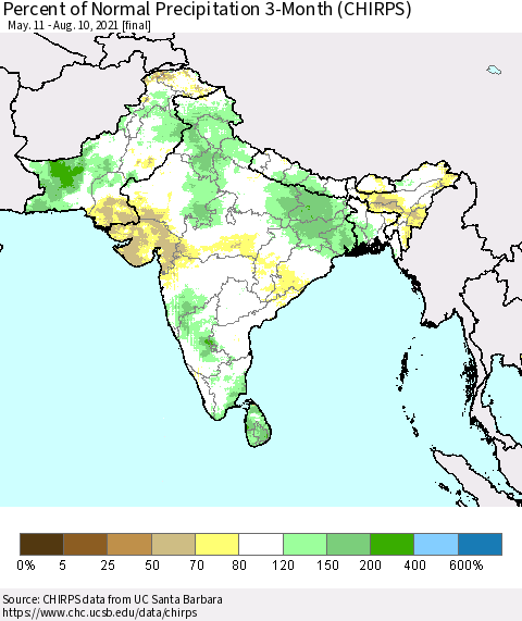 Southern Asia Percent of Normal Precipitation 3-Month (CHIRPS) Thematic Map For 5/11/2021 - 8/10/2021