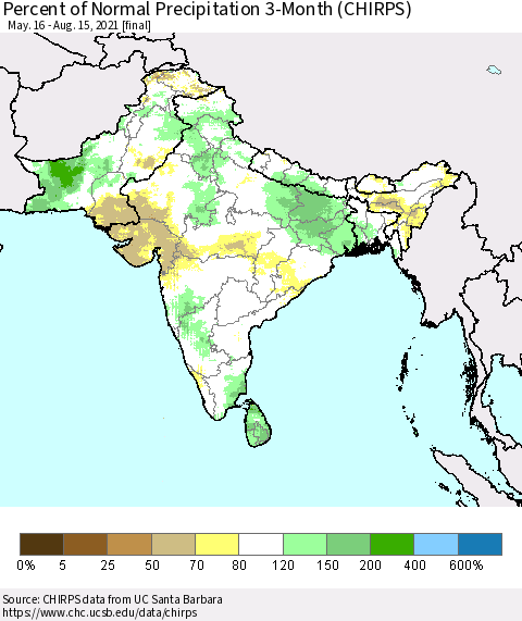 Southern Asia Percent of Normal Precipitation 3-Month (CHIRPS) Thematic Map For 5/16/2021 - 8/15/2021