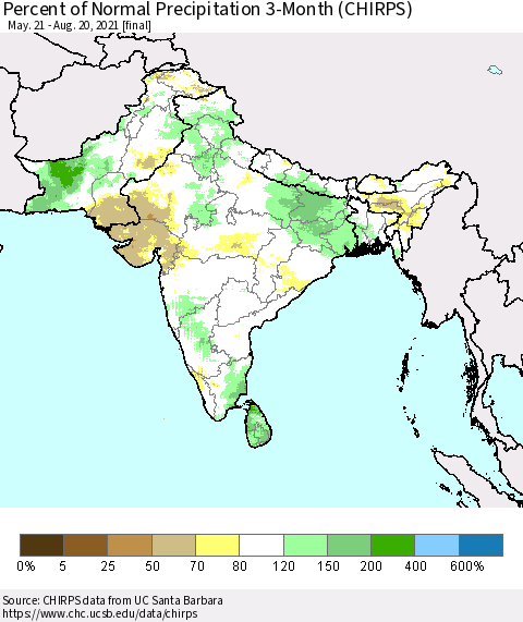 Southern Asia Percent of Normal Precipitation 3-Month (CHIRPS) Thematic Map For 5/21/2021 - 8/20/2021