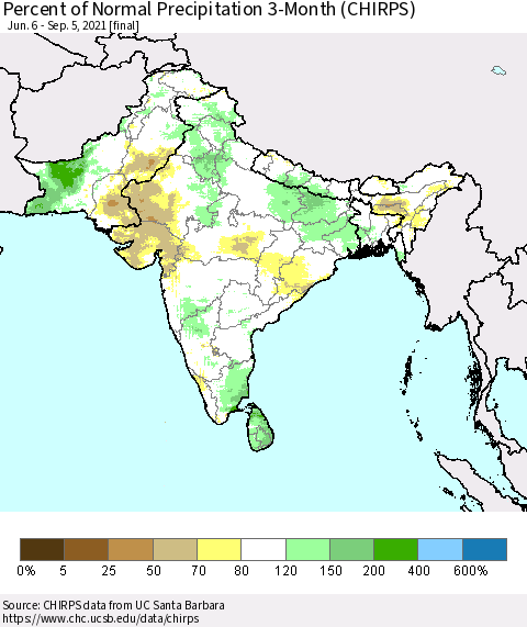 Southern Asia Percent of Normal Precipitation 3-Month (CHIRPS) Thematic Map For 6/6/2021 - 9/5/2021