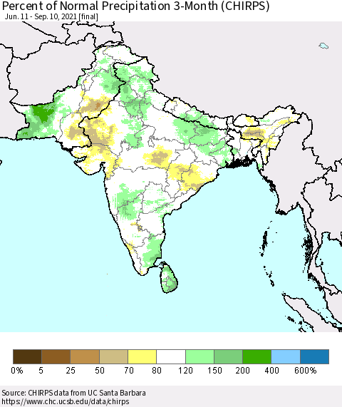 Southern Asia Percent of Normal Precipitation 3-Month (CHIRPS) Thematic Map For 6/11/2021 - 9/10/2021