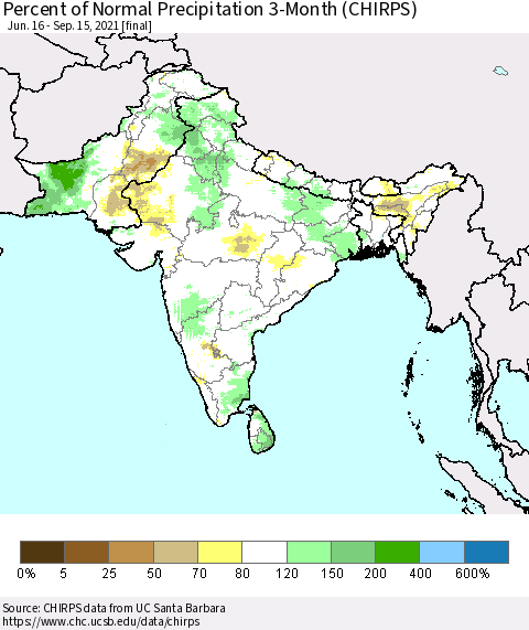 Southern Asia Percent of Normal Precipitation 3-Month (CHIRPS) Thematic Map For 6/16/2021 - 9/15/2021