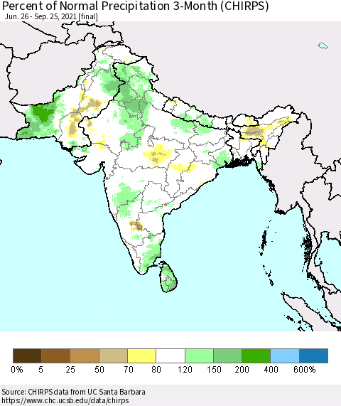 Southern Asia Percent of Normal Precipitation 3-Month (CHIRPS) Thematic Map For 6/26/2021 - 9/25/2021