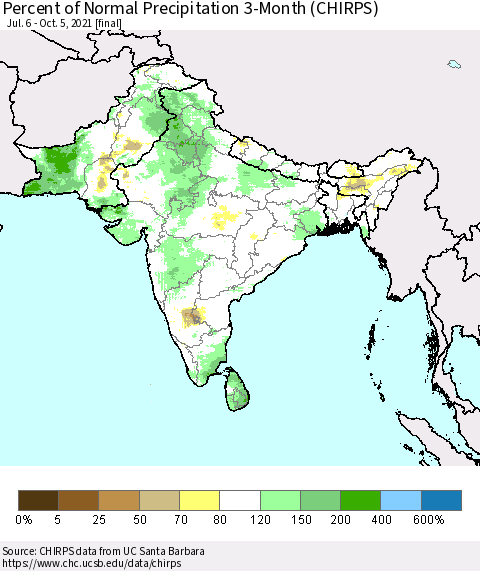 Southern Asia Percent of Normal Precipitation 3-Month (CHIRPS) Thematic Map For 7/6/2021 - 10/5/2021