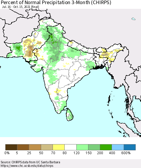 Southern Asia Percent of Normal Precipitation 3-Month (CHIRPS) Thematic Map For 7/16/2021 - 10/15/2021
