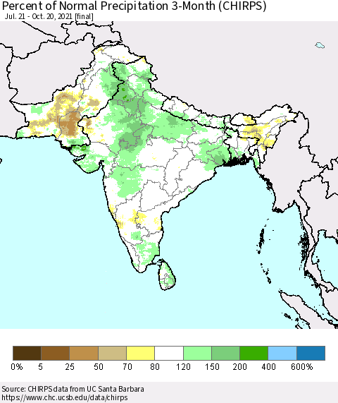Southern Asia Percent of Normal Precipitation 3-Month (CHIRPS) Thematic Map For 7/21/2021 - 10/20/2021