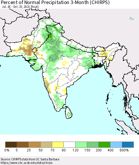 Southern Asia Percent of Normal Precipitation 3-Month (CHIRPS) Thematic Map For 7/26/2021 - 10/25/2021