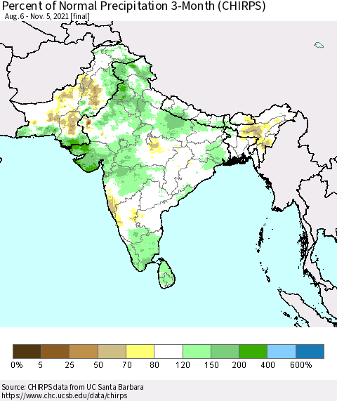 Southern Asia Percent of Normal Precipitation 3-Month (CHIRPS) Thematic Map For 8/6/2021 - 11/5/2021