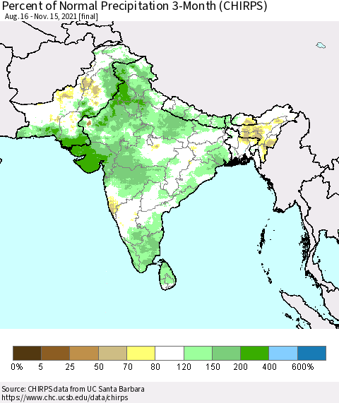 Southern Asia Percent of Normal Precipitation 3-Month (CHIRPS) Thematic Map For 8/16/2021 - 11/15/2021