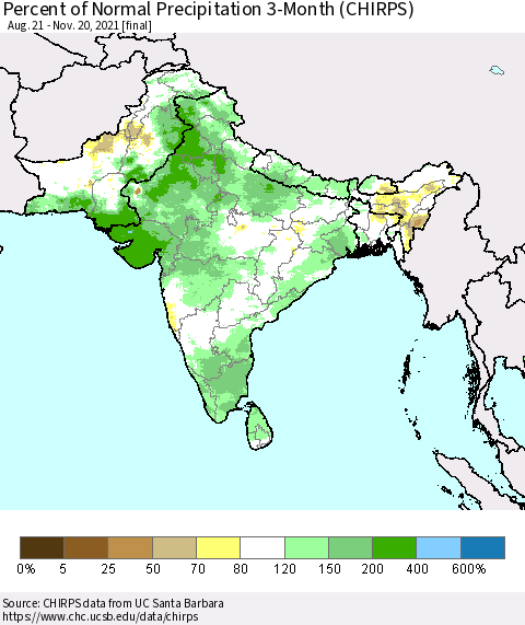 Southern Asia Percent of Normal Precipitation 3-Month (CHIRPS) Thematic Map For 8/21/2021 - 11/20/2021