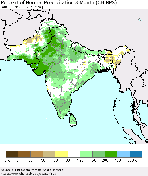 Southern Asia Percent of Normal Precipitation 3-Month (CHIRPS) Thematic Map For 8/26/2021 - 11/25/2021