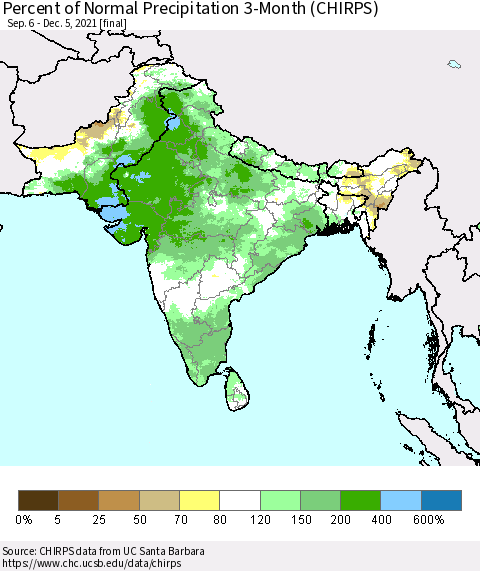 Southern Asia Percent of Normal Precipitation 3-Month (CHIRPS) Thematic Map For 9/6/2021 - 12/5/2021