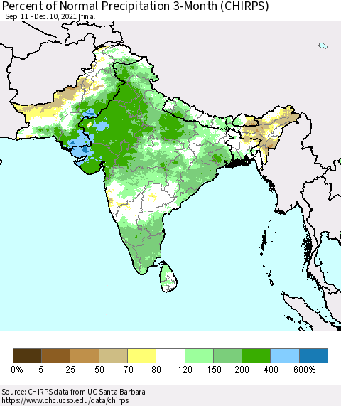 Southern Asia Percent of Normal Precipitation 3-Month (CHIRPS) Thematic Map For 9/11/2021 - 12/10/2021