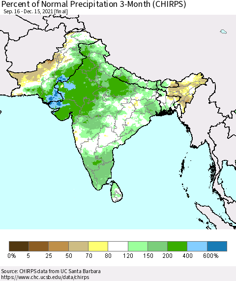 Southern Asia Percent of Normal Precipitation 3-Month (CHIRPS) Thematic Map For 9/16/2021 - 12/15/2021