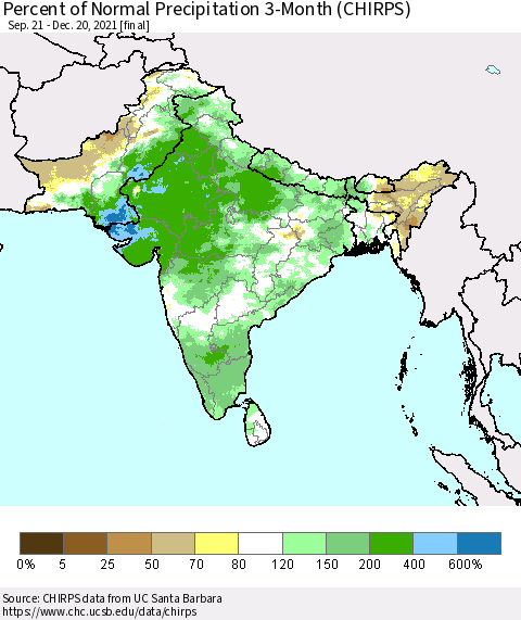 Southern Asia Percent of Normal Precipitation 3-Month (CHIRPS) Thematic Map For 9/21/2021 - 12/20/2021