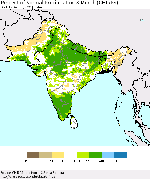 Southern Asia Percent of Normal Precipitation 3-Month (CHIRPS) Thematic Map For 10/1/2021 - 12/31/2021