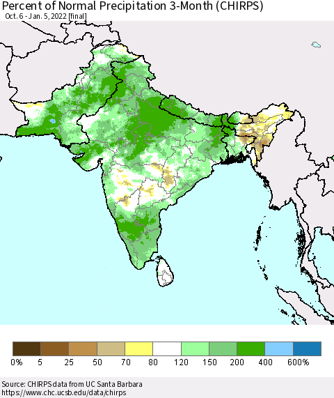 Southern Asia Percent of Normal Precipitation 3-Month (CHIRPS) Thematic Map For 10/6/2021 - 1/5/2022