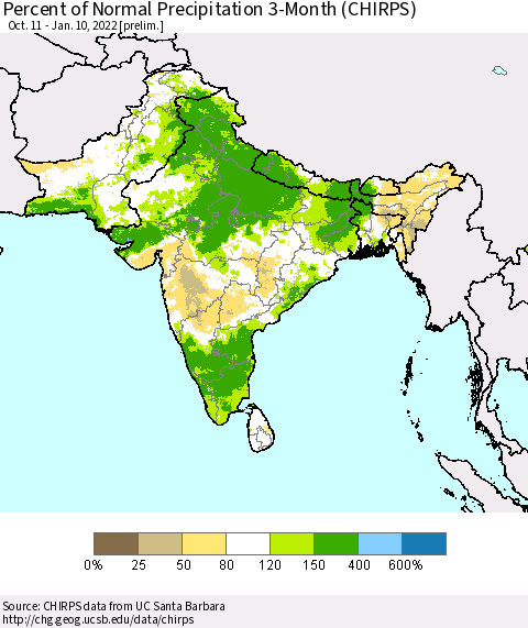 Southern Asia Percent of Normal Precipitation 3-Month (CHIRPS) Thematic Map For 10/11/2021 - 1/10/2022