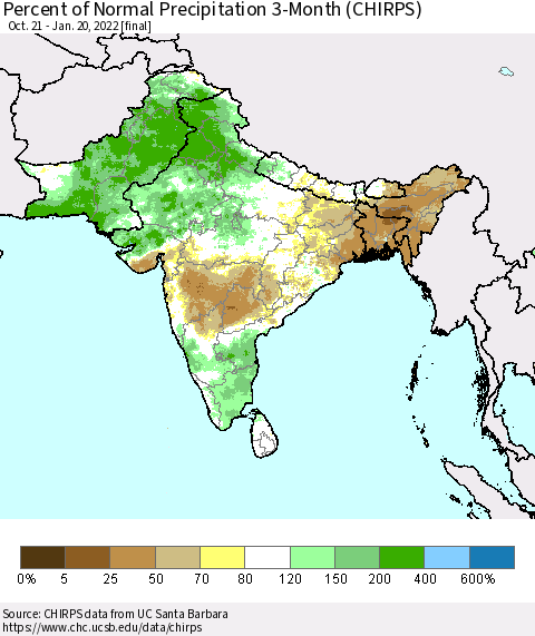 Southern Asia Percent of Normal Precipitation 3-Month (CHIRPS) Thematic Map For 10/21/2021 - 1/20/2022