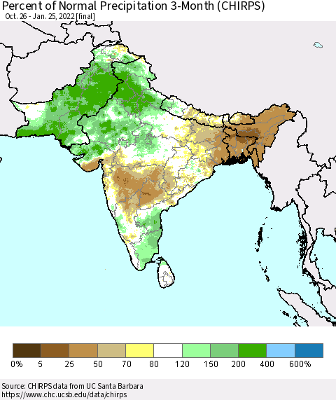 Southern Asia Percent of Normal Precipitation 3-Month (CHIRPS) Thematic Map For 10/26/2021 - 1/25/2022