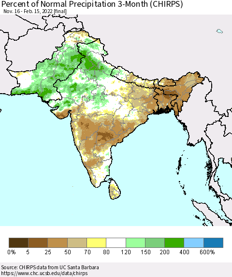 Southern Asia Percent of Normal Precipitation 3-Month (CHIRPS) Thematic Map For 11/16/2021 - 2/15/2022