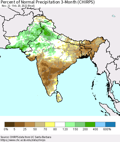 Southern Asia Percent of Normal Precipitation 3-Month (CHIRPS) Thematic Map For 11/21/2021 - 2/20/2022