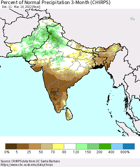 Southern Asia Percent of Normal Precipitation 3-Month (CHIRPS) Thematic Map For 12/11/2021 - 3/10/2022