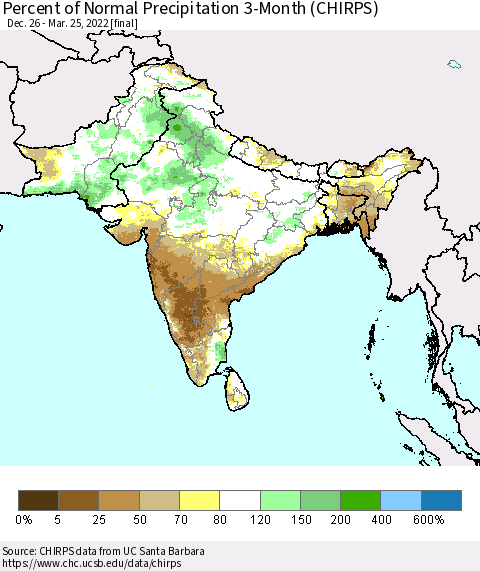 Southern Asia Percent of Normal Precipitation 3-Month (CHIRPS) Thematic Map For 12/26/2021 - 3/25/2022