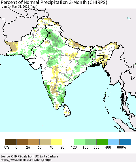 Southern Asia Percent of Normal Precipitation 3-Month (CHIRPS) Thematic Map For 1/1/2022 - 3/31/2022