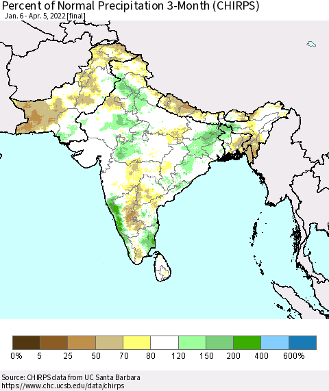 Southern Asia Percent of Normal Precipitation 3-Month (CHIRPS) Thematic Map For 1/6/2022 - 4/5/2022