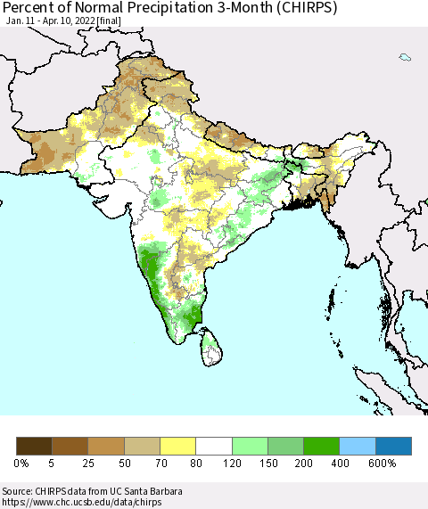 Southern Asia Percent of Normal Precipitation 3-Month (CHIRPS) Thematic Map For 1/11/2022 - 4/10/2022