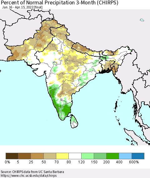 Southern Asia Percent of Normal Precipitation 3-Month (CHIRPS) Thematic Map For 1/16/2022 - 4/15/2022