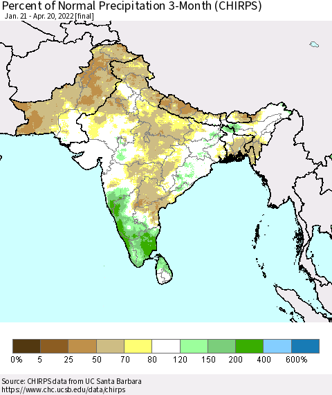 Southern Asia Percent of Normal Precipitation 3-Month (CHIRPS) Thematic Map For 1/21/2022 - 4/20/2022
