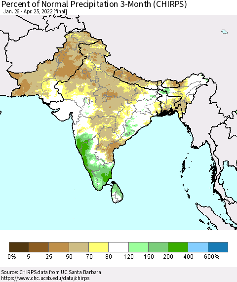 Southern Asia Percent of Normal Precipitation 3-Month (CHIRPS) Thematic Map For 1/26/2022 - 4/25/2022