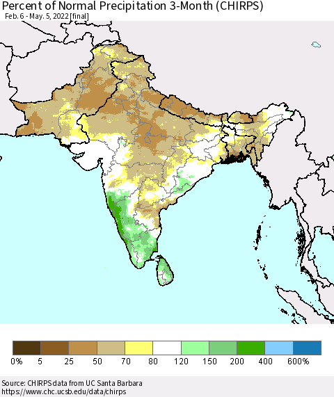 Southern Asia Percent of Normal Precipitation 3-Month (CHIRPS) Thematic Map For 2/6/2022 - 5/5/2022