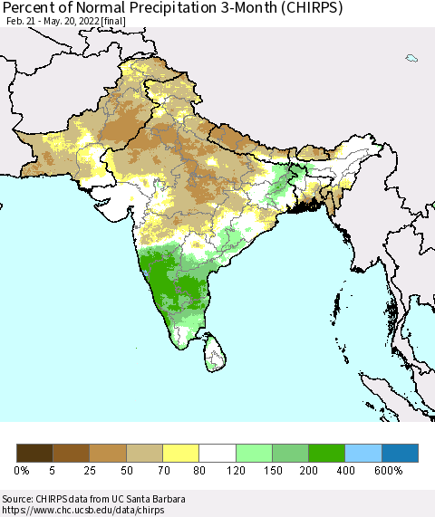 Southern Asia Percent of Normal Precipitation 3-Month (CHIRPS) Thematic Map For 2/21/2022 - 5/20/2022