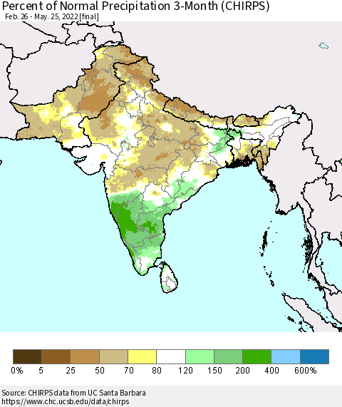 Southern Asia Percent of Normal Precipitation 3-Month (CHIRPS) Thematic Map For 2/26/2022 - 5/25/2022