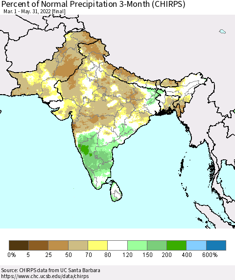 Southern Asia Percent of Normal Precipitation 3-Month (CHIRPS) Thematic Map For 3/1/2022 - 5/31/2022