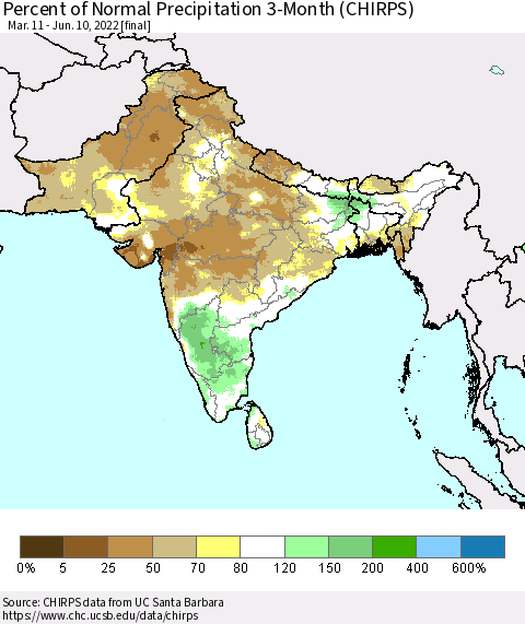 Southern Asia Percent of Normal Precipitation 3-Month (CHIRPS) Thematic Map For 3/11/2022 - 6/10/2022
