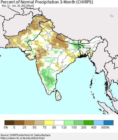 Southern Asia Percent of Normal Precipitation 3-Month (CHIRPS) Thematic Map For 3/21/2022 - 6/20/2022